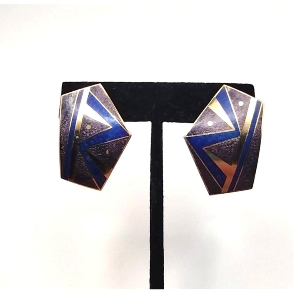 Vintage 80's Mona So Gold Tone and Blue Enamel Earrings